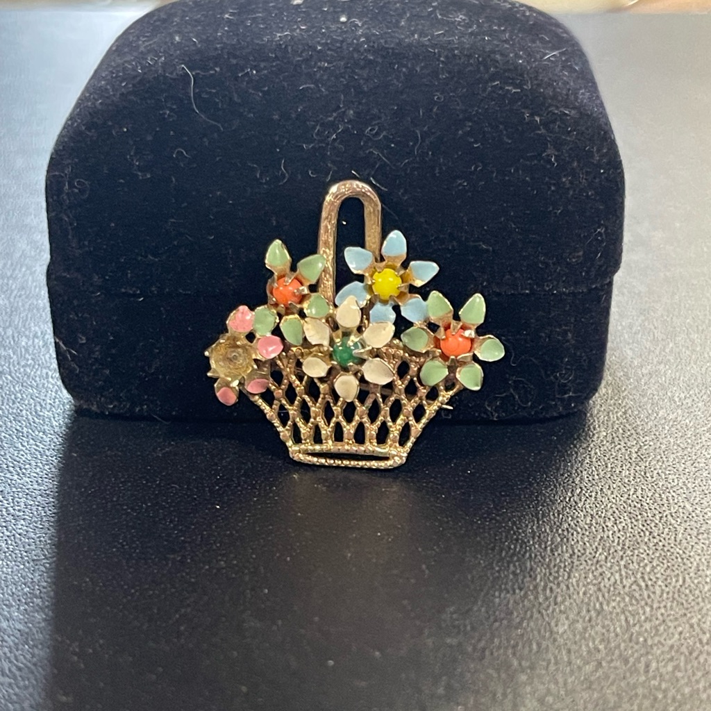 Floral Basket Brooch With Multicolored Stones